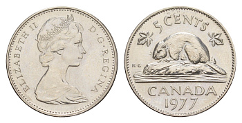 Канада 5 центов 1977 Елизавета II (1952-2022), бобр KM 60.1 никель PROOF-LIKE (BU) 4639-465