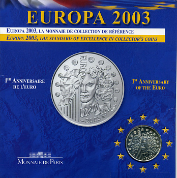 Франция 1/4 евро 2003 первая годовщина евровалюты, в оригинальном буклете серебро bUNC 7-5-4-02