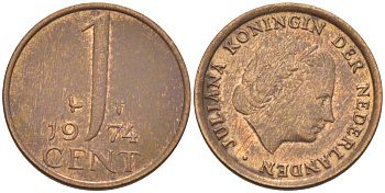 НИДЕРЛАНДЫ 1 ЦЕНТ 1974 КОРОЛЕВА ЮЛИАНА KM 180 бронза 3955-138