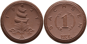 Саксония 1 марка 1921 парусник J. N 55 фарфор 1094-4-35