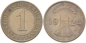 Германия 1 рентенпфенниг 1924 A KM 30, J. 306, Weege 1 бронза 211-566