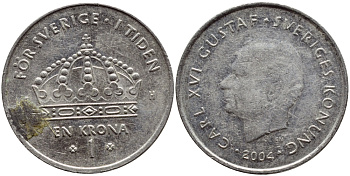 Швеция 1 крона 2004 Карл XVI Густав (1973- ) KM 894 медно-никель 259-841