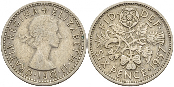 Великобритания 6 пенсов 1957 Елизавета II (1952-2022) KM 903, Spink 4149 медно-никель 4528-917