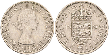 Великобритания 1 шиллинг 1960 Елизавета II (1952-2022), Английский герб KM 904, Spink 4147 медно-никель 4556-635