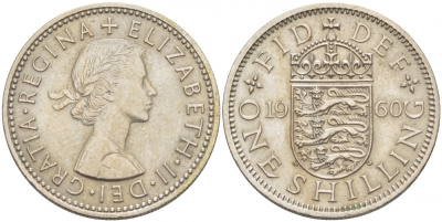 Великобритания 1 шиллинг 1960 Елизавета II (1952-2022), Английский герб KM 904, Spink 4147 медно-никель 77-117