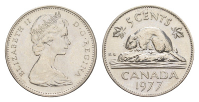 Канада 5 центов 1977 Елизавета II (1952-2022), бобр KM 60.1 никель PROOF-LIKE (BU) 4639-465
