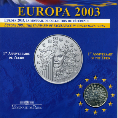 Франция 1/4 евро 2003 первая годовщина евровалюты, в оригинальном буклете серебро bUNC 7-5-4-02
