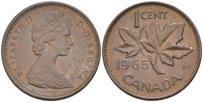 Канада 1 цент 1965 Елизавета II (1952-2022), кленовый лист KM 59.1 бронза   4147-247