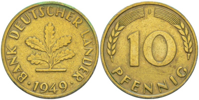 ФРГ 10 ПФЕННИГОВ 1949 J KM 103, J. 378 сталь плакированная латунью 219-417