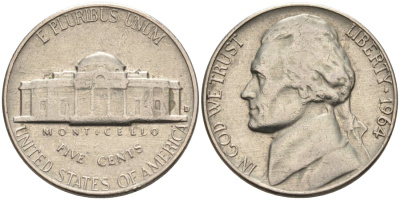 США 5 центов 1964 D, Джефферсон KM А192 медно-никель 92-1135