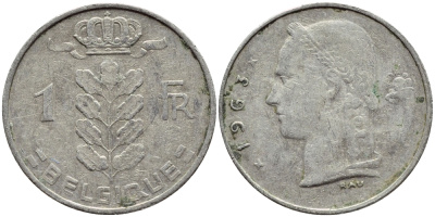 Бельгия 1 франк 1963 Belgique, Бодуэн I (1951-1993) KM 142.1 медно-никель 4395-454