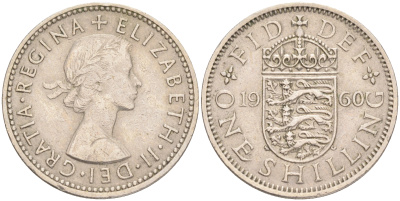 Великобритания 1 шиллинг 1960 Елизавета II (1952-2022), Английский герб KM 904, Spink 4147 медно-никель 4556-635
