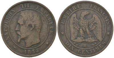 Франция 10 сантимов 1854 BB, Наполеон III (1852-1870) KM 775 бронза 221-514