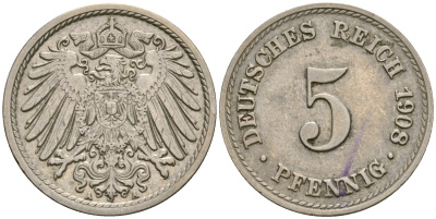 Германия 5 пфеннигов 1908 A KM 11, Jager 12, Weege 6 медно-никель 4364-4536