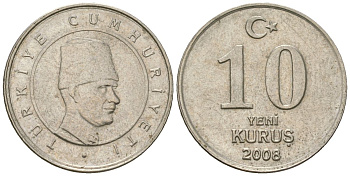 Турция 10 новых курушей 2008 KM 1166 медь цинк никель 4602-1129