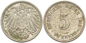 ГЕРМАНИЯ 5 ПФЕННИГОВ 1913 D KM 11, J. 12, Weege 6 медно-никель 206-1018