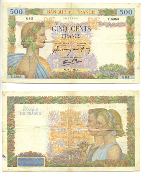 ФРАНЦИЯ 500 ФРАНКОВ 1942 9 АПРЕЛЯ 1942 Pick 95b бумага 3295-126-1