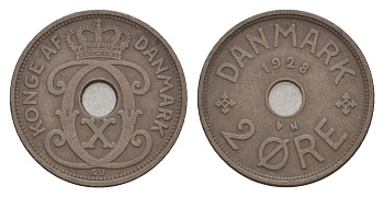 Дания 2 эре 1928 N, Кристиан X (1912-1947) KM 827 бронза 4658-215
