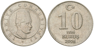 Турция 10 новых курушей 2008 KM 1166 медь цинк никель 4602-1129