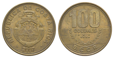 Коста-Рика 100 колонов 2007 KM 240a сталь плакированная латунью 4631-1133