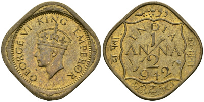Британская Индия 1/2 анна 1942 Георг VI (1936-1952) KM 534b никель-латунь UNC 94-826