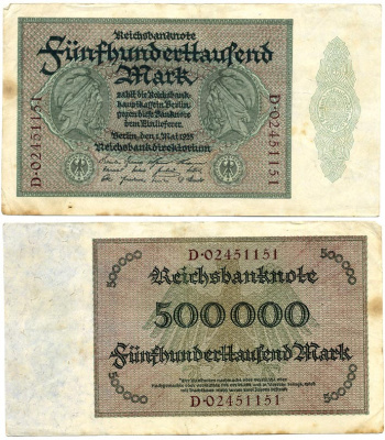 ГЕРМАНИЯ 500000 МАРОК 1923 НОМЕР ВОСЬМИЗНАЧНЫЙ, СЕРИЯ D Pick 88a, Розенберг 87d бумага 7218-19-2
