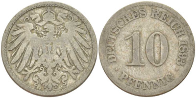 ГЕРМАНИЯ 10 ПФЕННИГОВ 1893 J KM 12, J. 13, Weege 8 медно-никель 261-1254