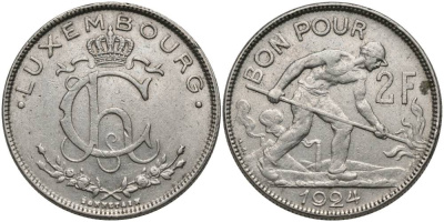 Люксембург 2 франка 1924 сталевар, Шарлотта (1919-1964) KM 36 никель 00-00