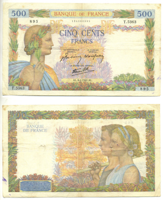 ФРАНЦИЯ 500 ФРАНКОВ 1942 9 АПРЕЛЯ 1942 Pick 95b бумага 3295-126-1