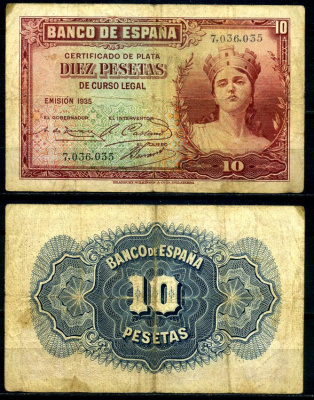 Испания 10 песет 1935 Bradbury Wilkinson, New Malden Pick 86а бумага 7203-47-2-2