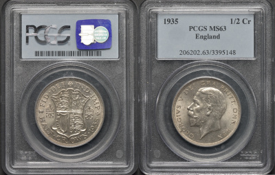 Великобритания 1/2 кроны 1935 Георг V (1910-1936, В СЛАБЕ PCGS, СОСТОЯНИЕ MS63 KM 835, Spink 4037 серебро UNC 00-000-00