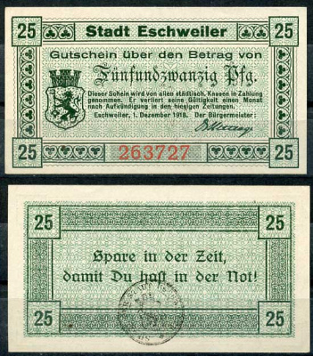 Германия, Эшвайлер 25 пфеннигов 1918 нотгельд, 1.12.1918 бумага UNC (пресс) 8614-47-1-1