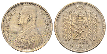 Монако 20 франков 1947 Луи II (1922-1949), год-тип KM 124 медно-никель 4667-731