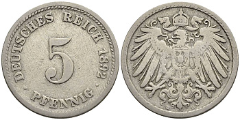 ГЕРМАНИЯ 5 ПФЕННИГОВ 1892 D KM 11, Jager 12, Weege 6 медно-никель 4547-329