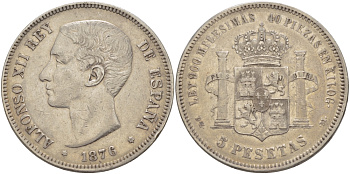 Испания 5 песет 1876 DE-M, АЛЬФОНСО XII KM 671 серебро 1521-1042