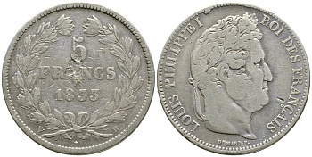 Франция 5 франков 1833 B, Луи Филипп I (1830-1848) KM 749.2 серебро 4386-112