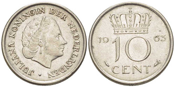 НИДЕРЛАНДЫ 10 ЦЕНТОВ 1963 ЮЛИАНА (1948-1980) KM 182 никель 214-1162
