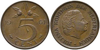 НИДЕРЛАНДЫ 5 ЦЕНТОВ 1961 ЮЛИАНА KM 181 бронза 113-651