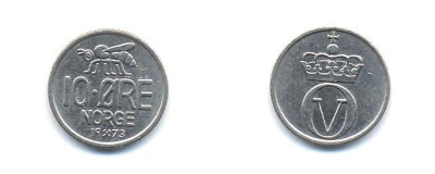 Норвегия 10 эре 1973 пчела, Улаф V (1958-1991) KM 411 медно-никель 4379-327