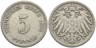 ГЕРМАНИЯ 5 ПФЕННИГОВ 1892 D KM 11, Jager 12, Weege 6 медно-никель 4547-329