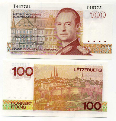 Люксембург 100 франков 1993 великий герцог Жак, вид города, серия T Pick 58 b бумага UNC (пресс) 450-62-2