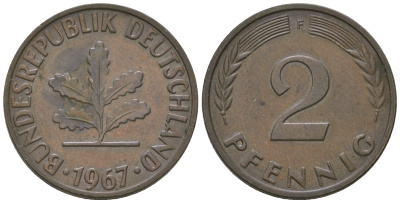 ФРГ 2 пфеннига 1967 F KM106, J.381 бронза 4651-1113