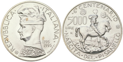 Италия 5000 лир 1995 R, 600 лет со дня рождения Пизанелло KM 175 серебро BU 1529-1245