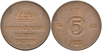 Швеция 5 эре 1964 U, Густав VI Адольф (1950-1973) KM 822 бронза 4557-821