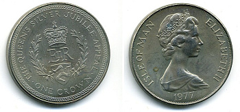 Остров Мэн 1 крона 1977 Серебряный юбилей правления королевы Елизаветы II КМ 42 медно-никель UNC 58-721