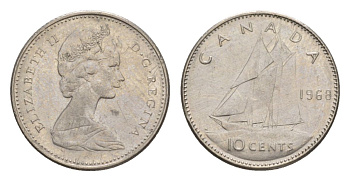 Канада 10 центов 1968 Елизавета II (1952-2022), парусник KM 73 никель 4630-816