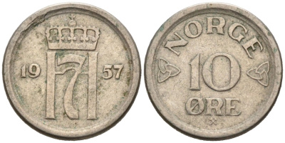 Норвегия 10 эре 1957 Хокон VII (1905-1957) KM 396 медно-никель 4564-823