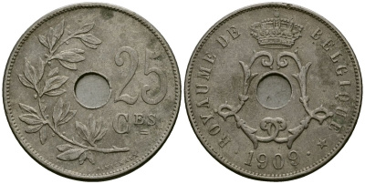 Бельгия 25 сантимов 1909 Belgique KM 62 медно-никель 4168-1211