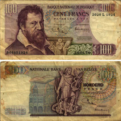 БЕЛЬГИЯ 100 ФРАНКОВ 1962-1977 ПОДПИСИ (2 И 8), ЛАМБЕРТ ЛОМБАРД Pick 134b бумага 7486-61-3-1