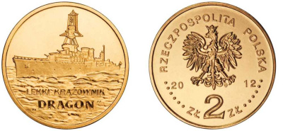 Польша 2 злотых 2012 MW, серия суда польского флота, легкий крейсер Дракон KM 841 нордик UNC M26-02